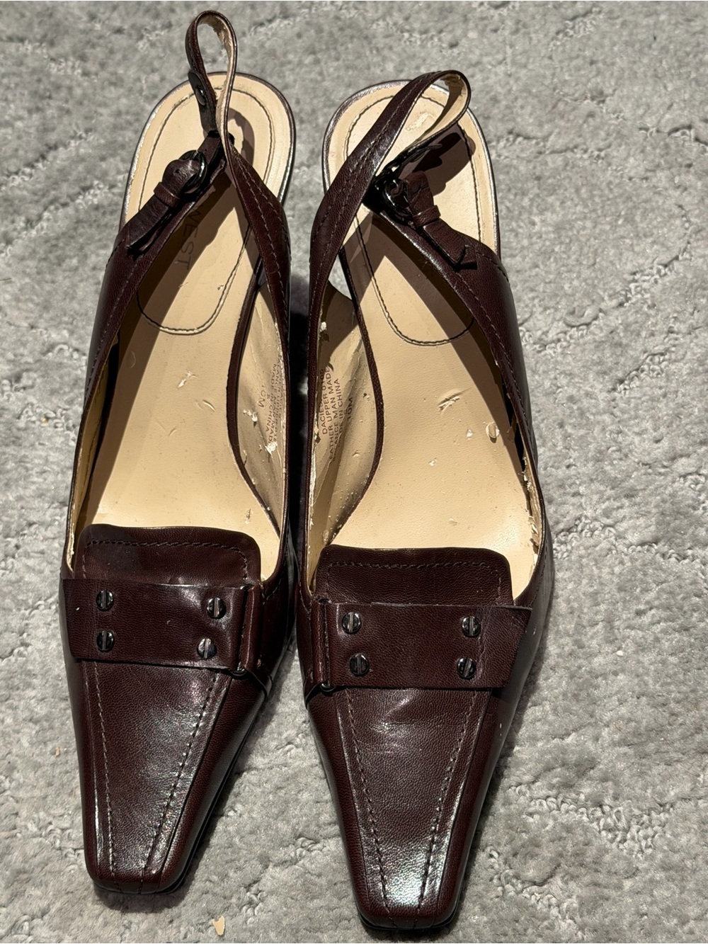 Nine West Brown Leather Stud-Accent Slingback Heels